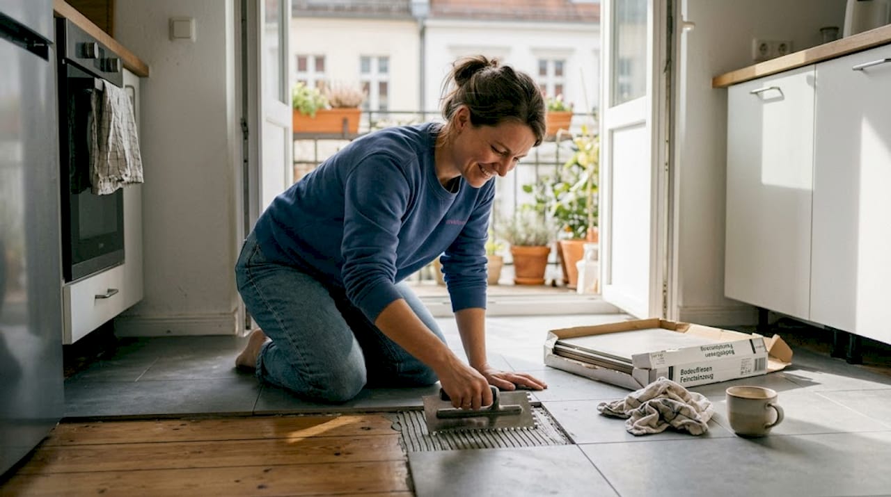 Eine Frau bringt in der Küche Fliesenkleber auf.