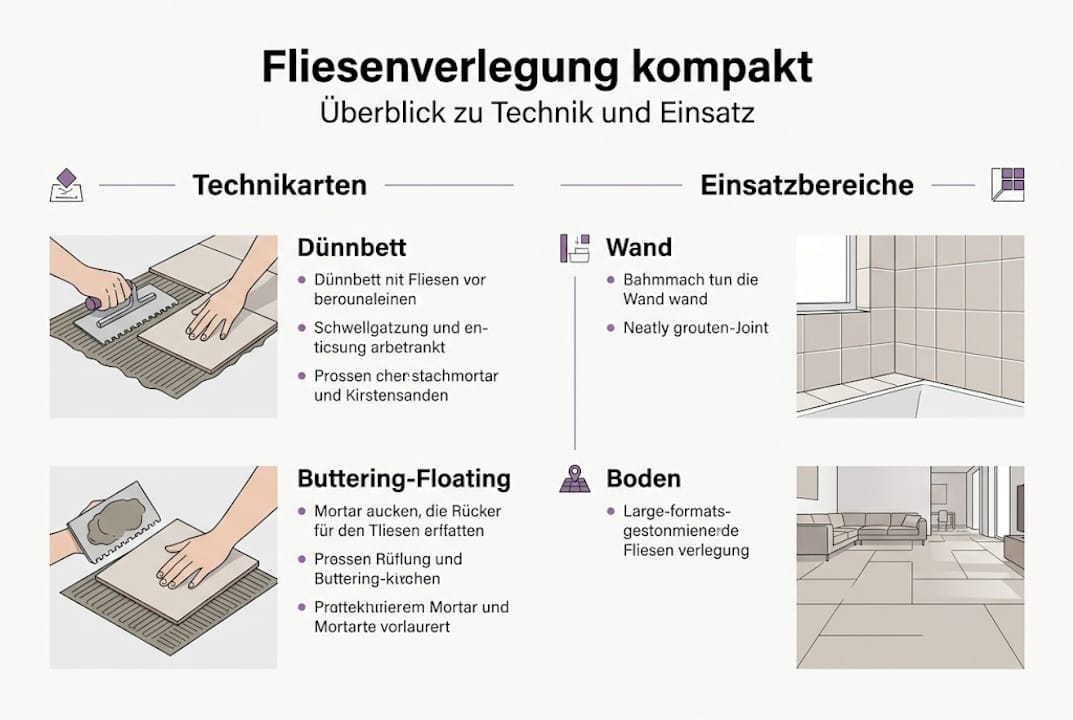 Infografik: Verschiedene Verlegetechniken und Anwendungsbereiche von Fliesen