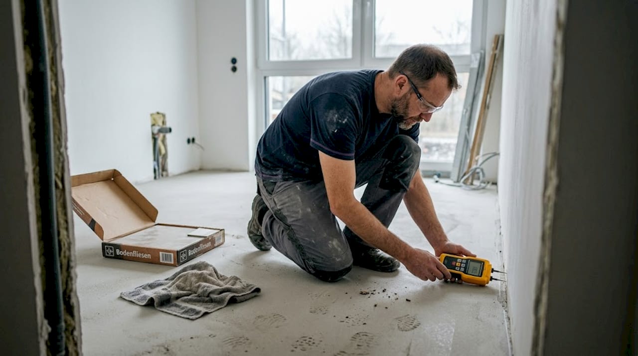 Bevor Fliesen verlegt werden, kontrolliert der Handwerker sorgfältig, ob der Estrich ausreichend getrocknet ist.