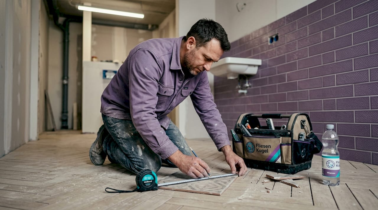 Ein Handwerker verlegt im Badezimmer neue Fliesen und sorgt dabei für ein ansprechendes Muster.