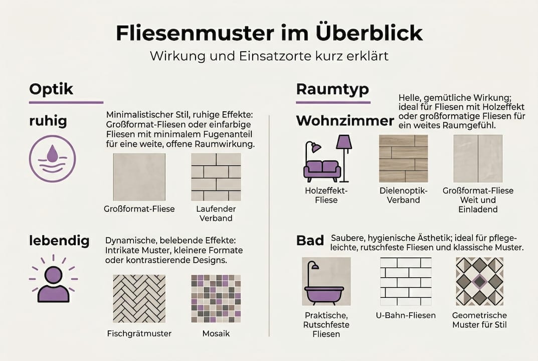 Infografik: Verschiedene Fliesenmuster und ihre Wirkung auf das Raumgefühl im Überblick