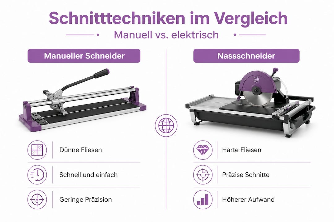 In dieser Infografik werden die Vor- und Nachteile manueller und elektrischer Schnittmethoden gegenübergestellt.