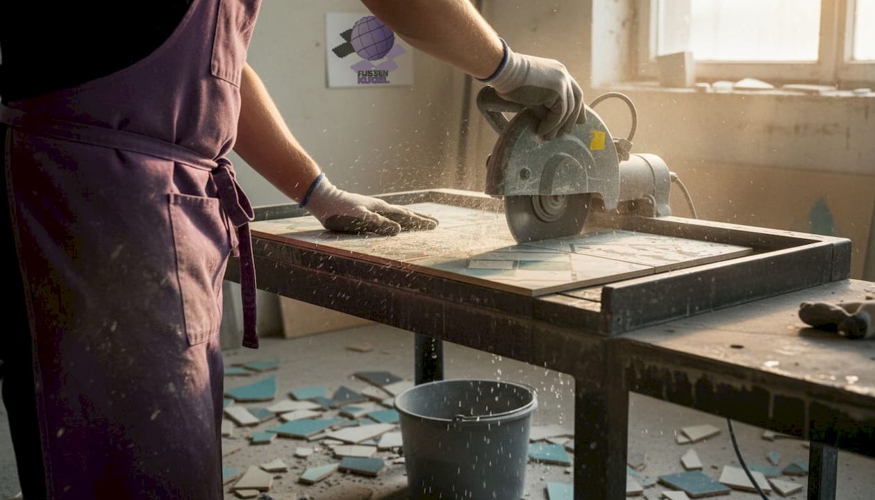 Im Detail: Eine Fliese wird präzise mit einem Nassschneider zugeschnitten.