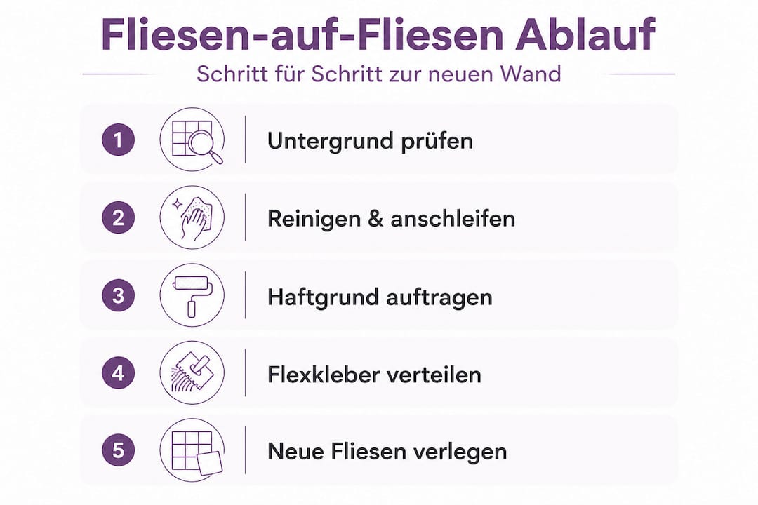 Schritt-für-Schritt-Infografik: So bringen Sie Wandfliesen auf vorhandenen Fliesen an