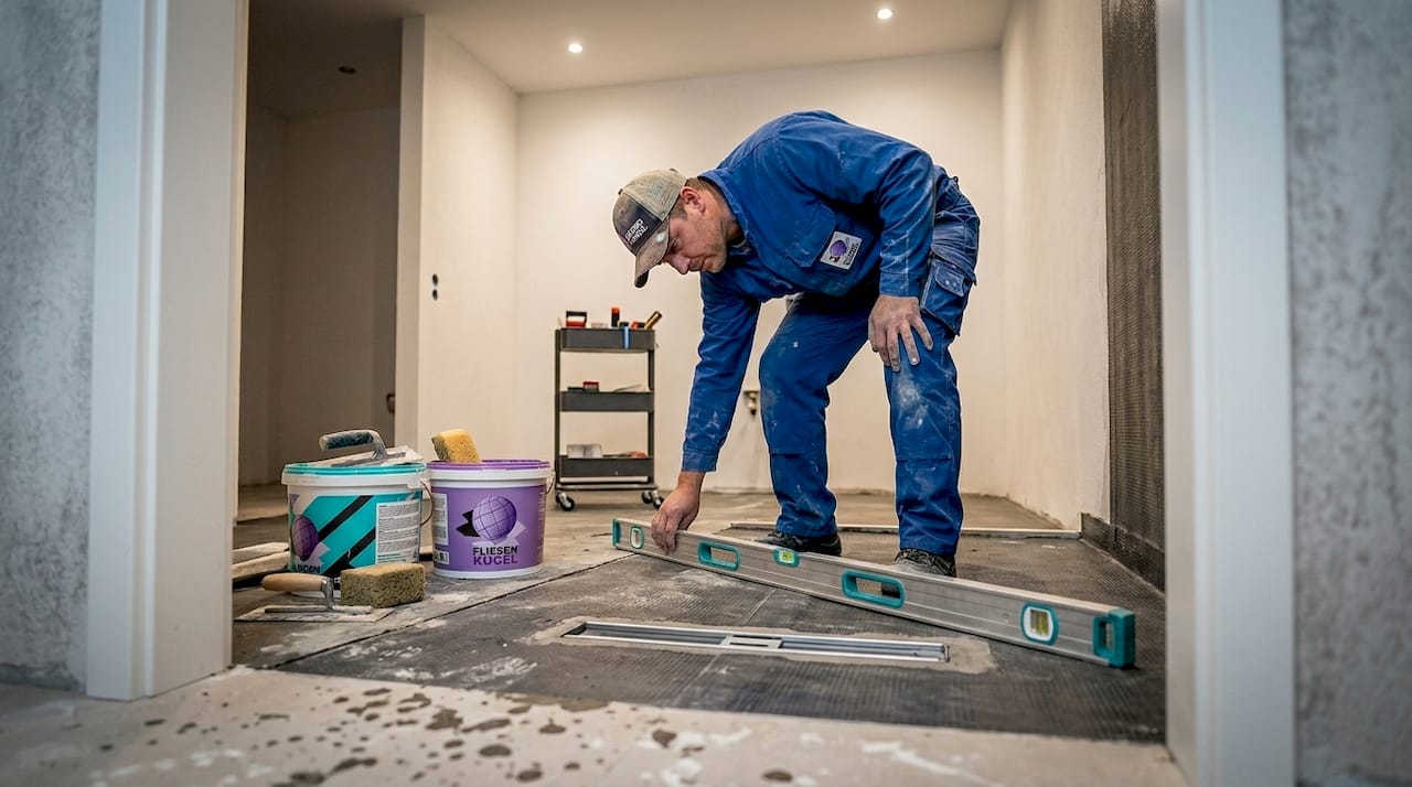 Ein Handwerker überprüft das Gefälle der bodengleichen Duschwanne.