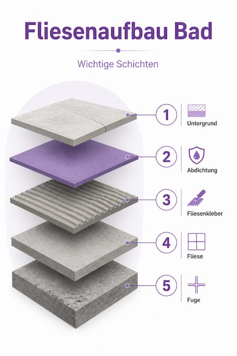 Die Infografik veranschaulicht übersichtlich, wie der typische Schichtenaufbau beim Fliesenlegen im Badezimmer aussieht.