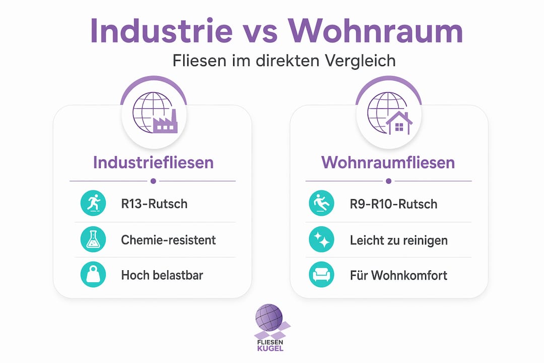 Infografik: Unterschiede zwischen Fliesen für Industrie und Wohnbereiche im Überblick