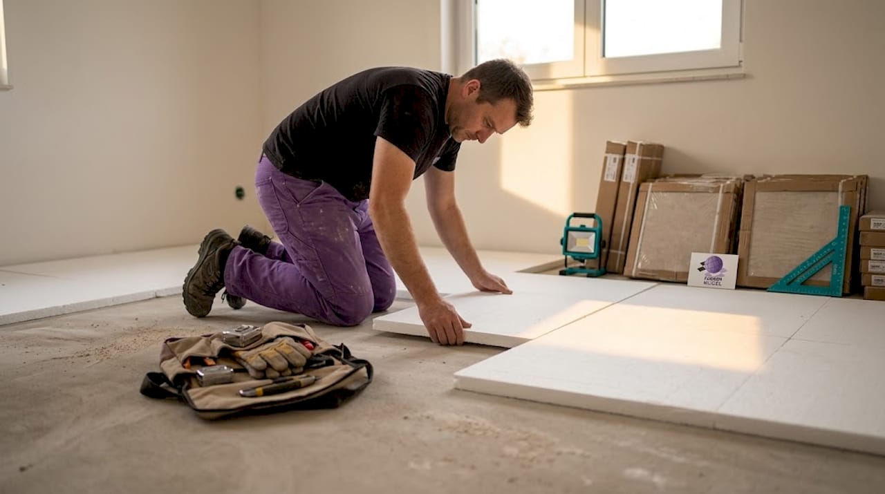 Ein Handwerker bringt EPS-Dämmplatten auf dem Rohfußboden aus.