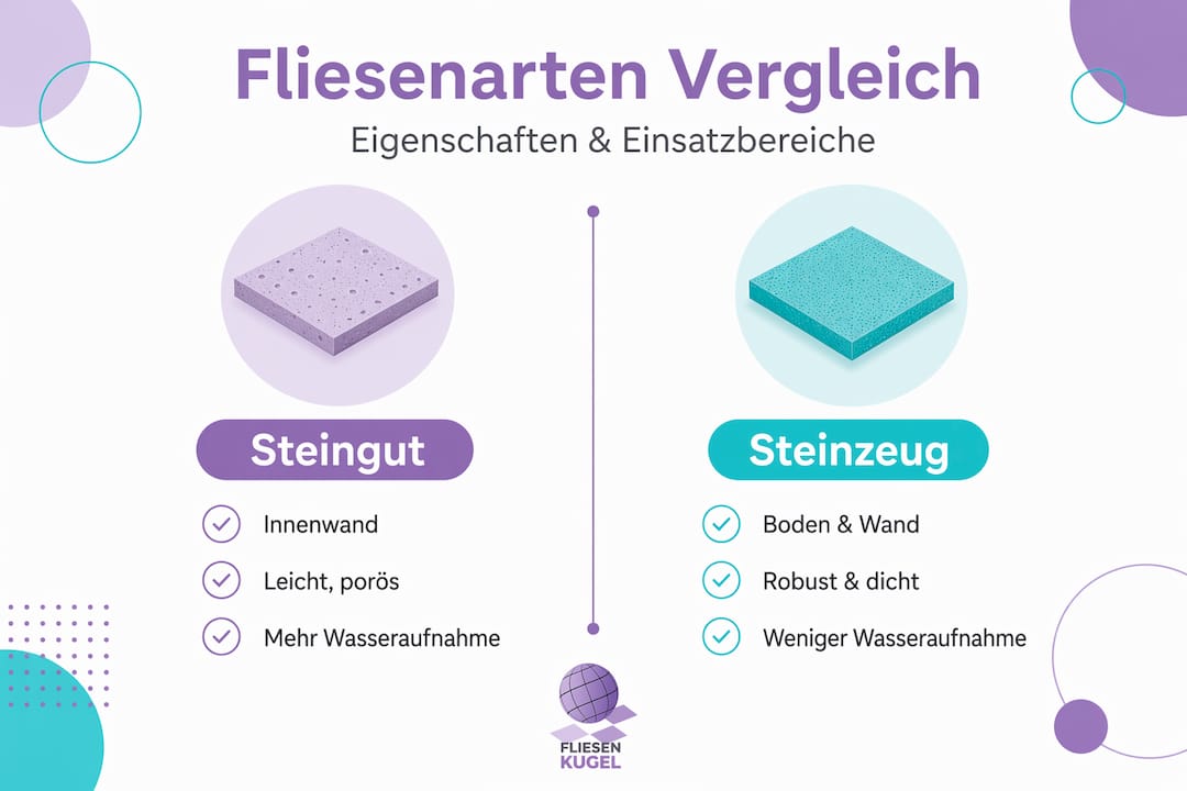 Die Infografik zeigt die Unterschiede zwischen Fliesen aus Steingut und Steinzeug auf einen Blick.