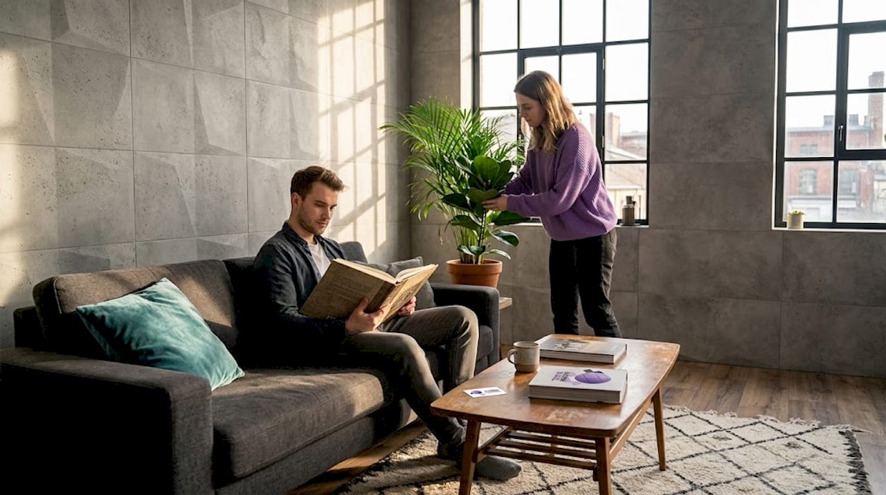 Wohnzimmer mit markanten Fliesen im angesagten Industrie-Look