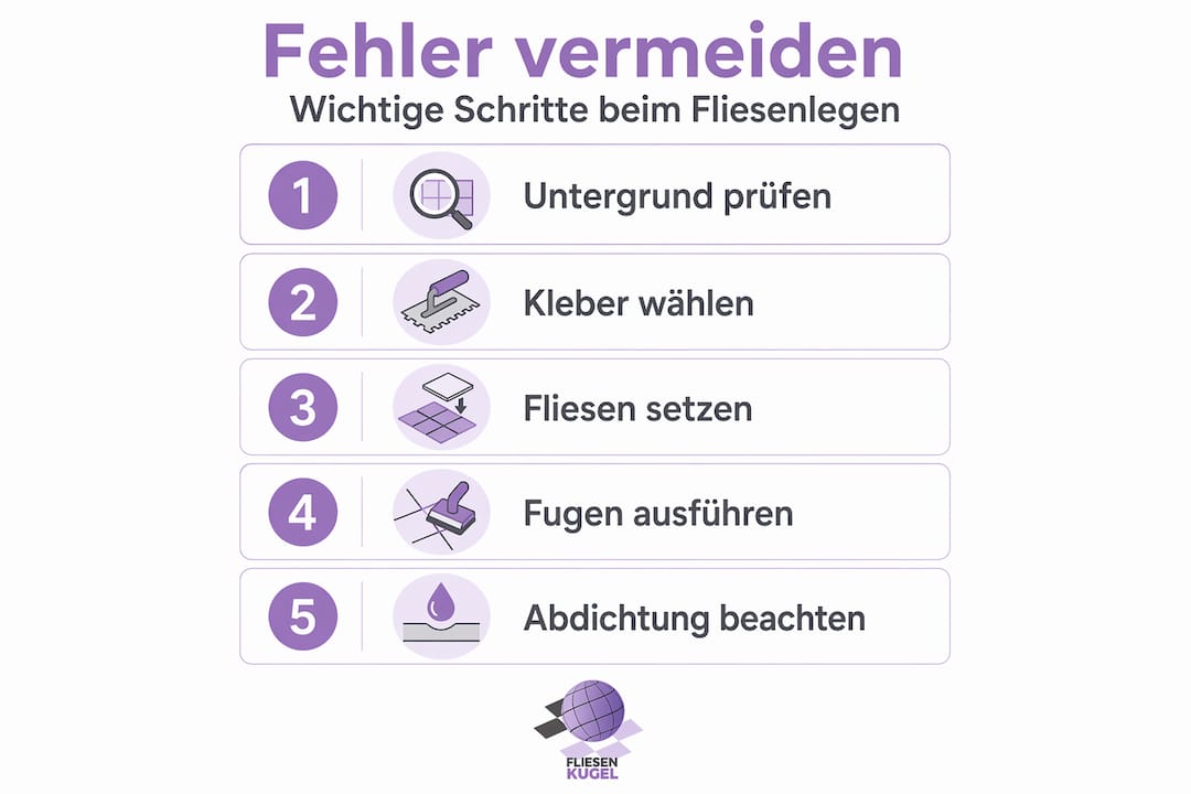 Diese Infografik veranschaulicht die fünf wichtigsten Arbeitsschritte beim Verlegen von Fliesen.