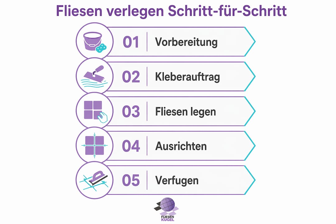 Die Infografik veranschaulicht die fünf wichtigsten Schritte beim Fliesenlegen.