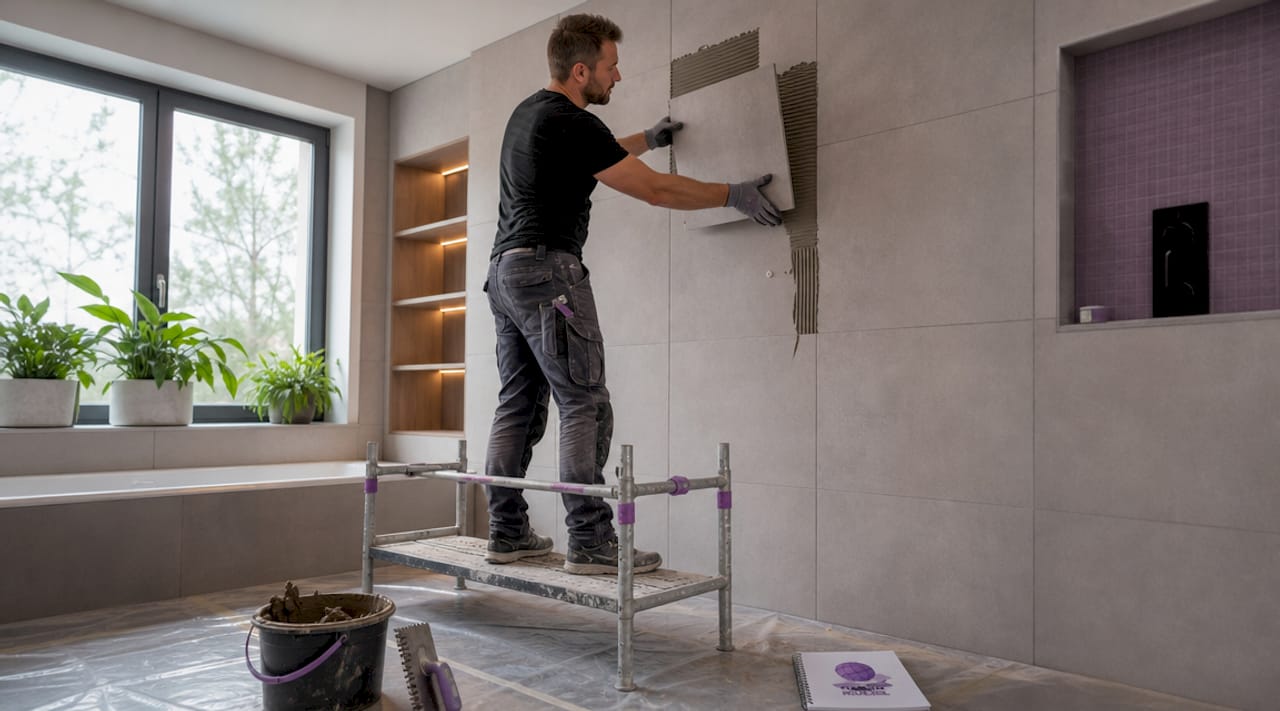 Mit geübten Händen werden große, matte Fliesen im Badezimmer verlegt.