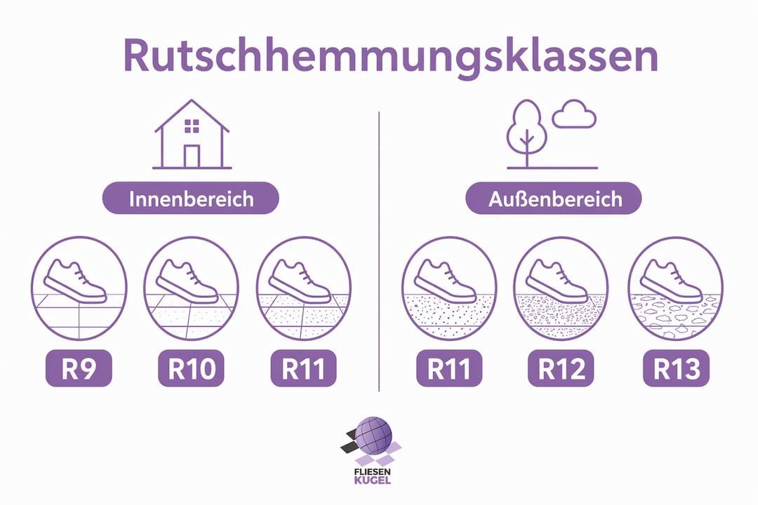 Übersichtsgrafik: Rutschhemmungsklassen für den Innen- und Außenbereich auf einen Blick