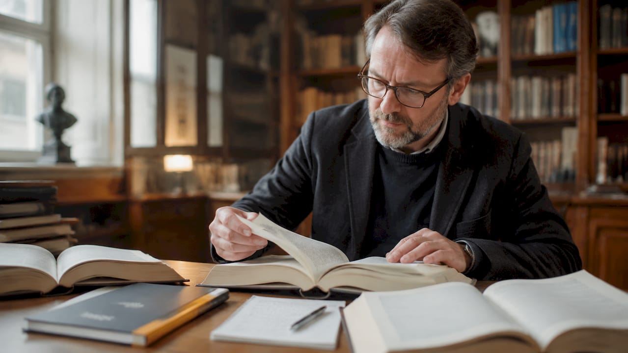 Ein Übersetzer sitzt in der Bibliothek und schlägt Begriffe im Wörterbuch nach.