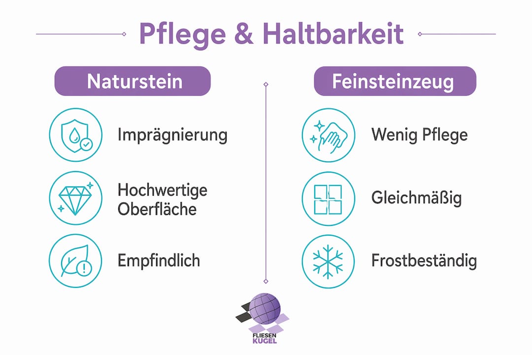 Infografik: Naturstein und Feinsteinzeug im Vergleich – Pflegeaufwand und Lebensdauer auf einen Blick