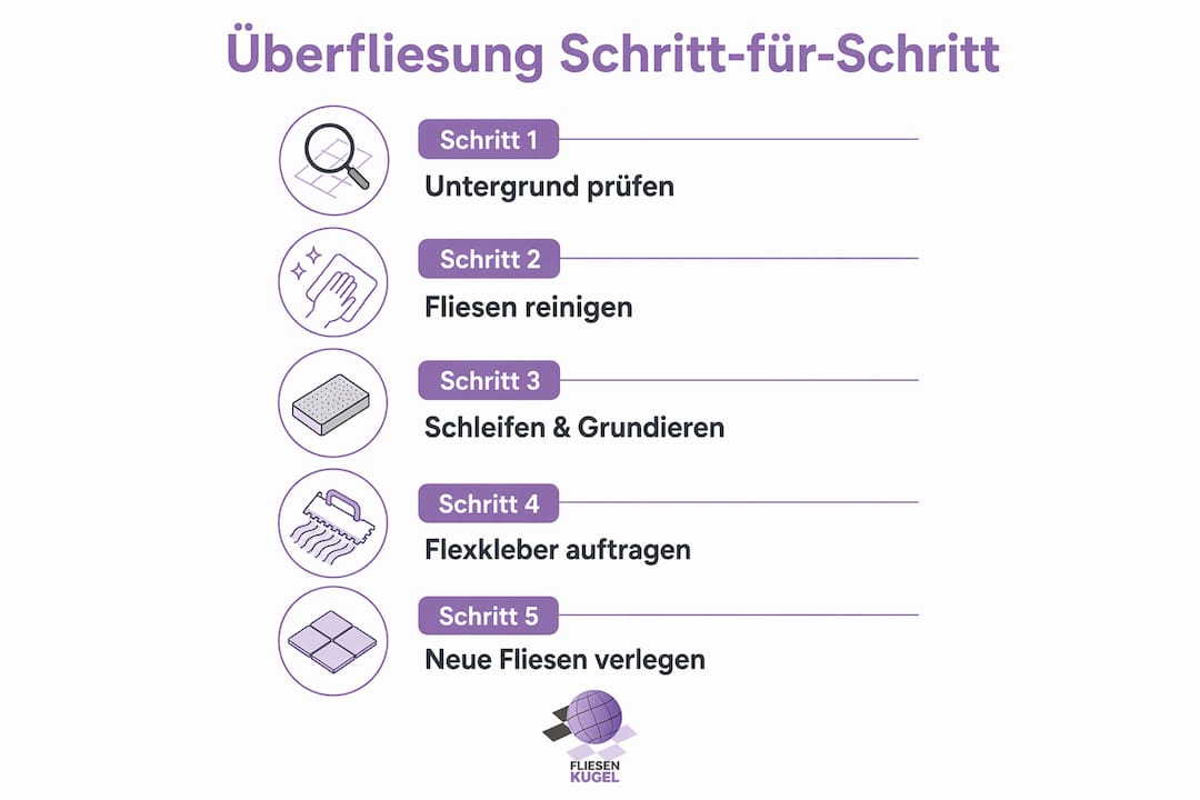 Schritt-für-Schritt-Infografik: So gelingt die Überfliesung in fünf Etappen