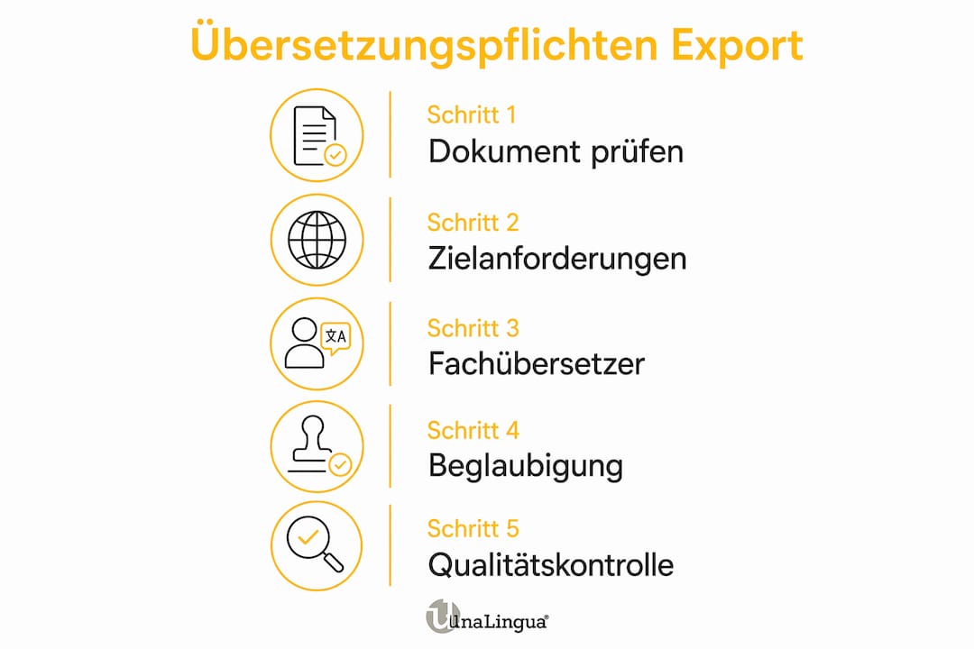 In dieser Infografik werden die fünf wichtigsten Schritte aufgezeigt, die bei Übersetzungspflichten zu beachten sind.