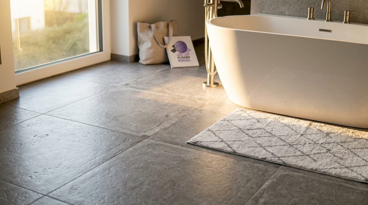 Detailansicht glänzender Feinsteinzeugfliesen im Badezimmer