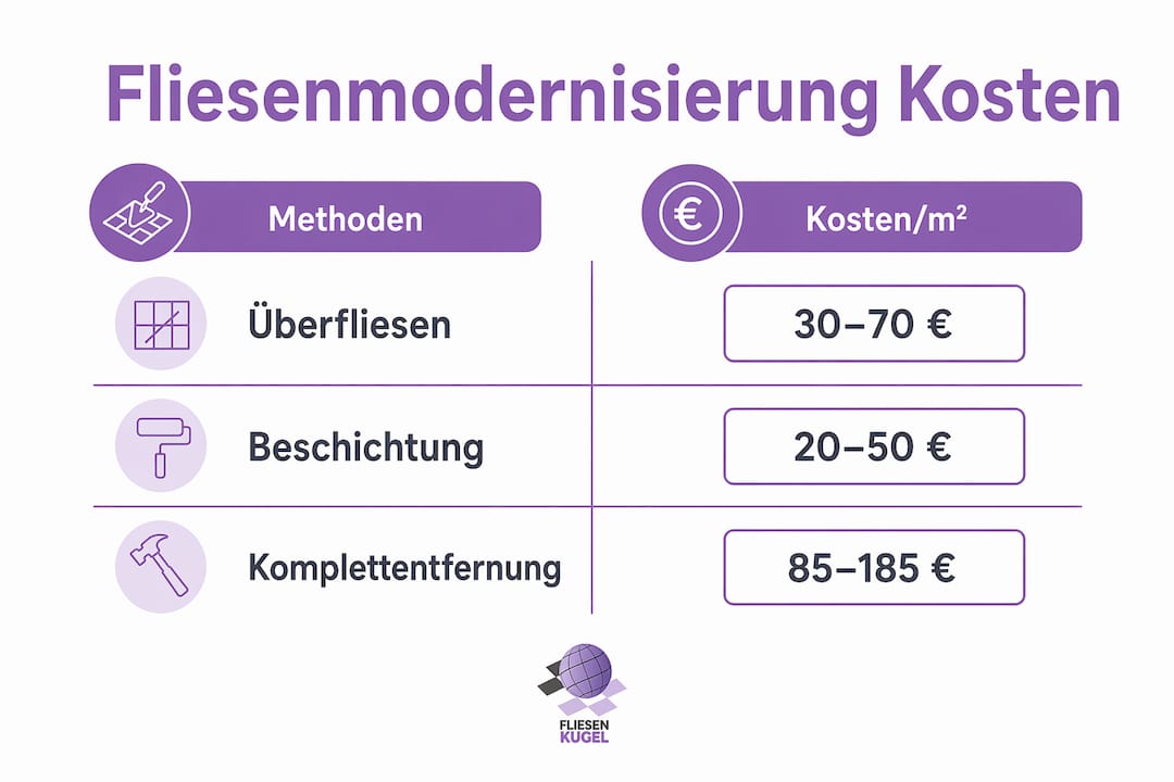 Vergleichsgrafik: Was kosten verschiedene Methoden zur Modernisierung von Fliesen?