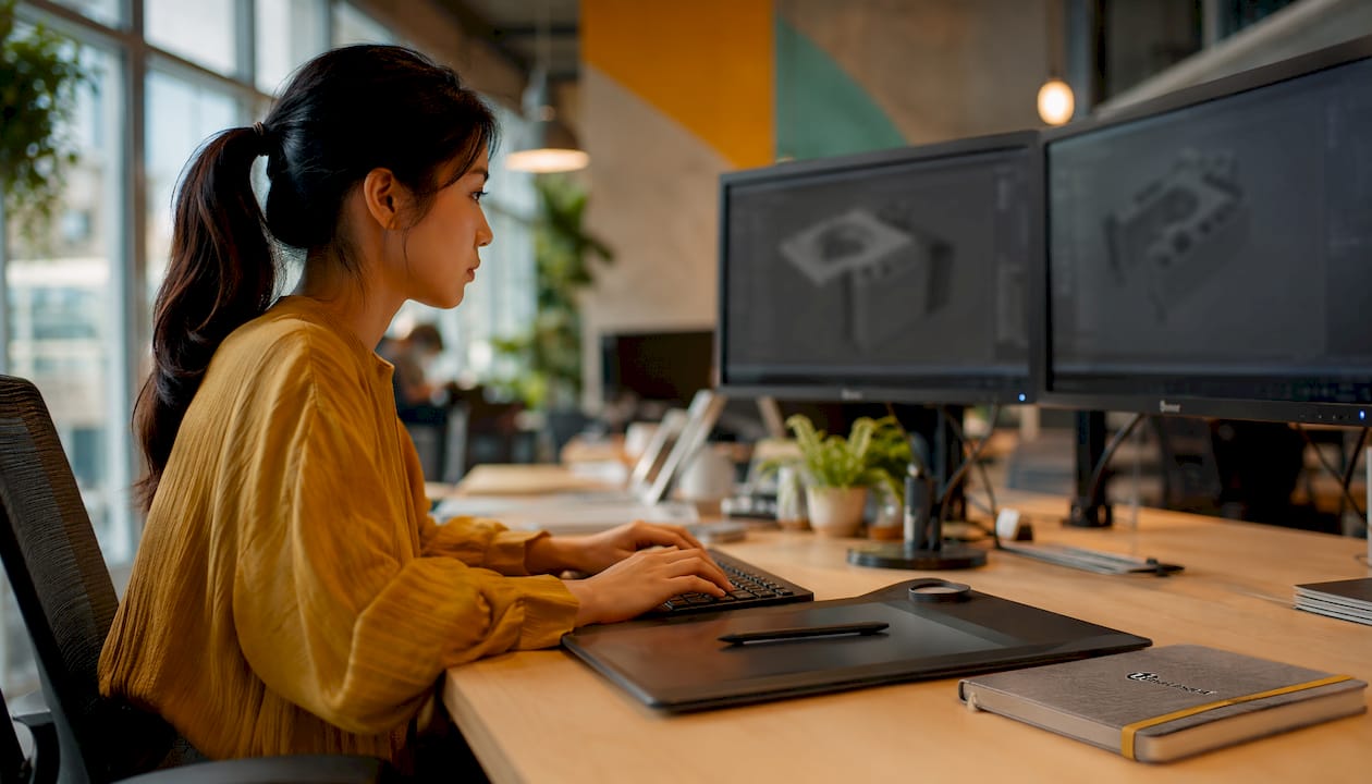 Eine erfahrene Fachübersetzerin überträgt technische CAD-Dokumente direkt am Computer ins Deutsche.