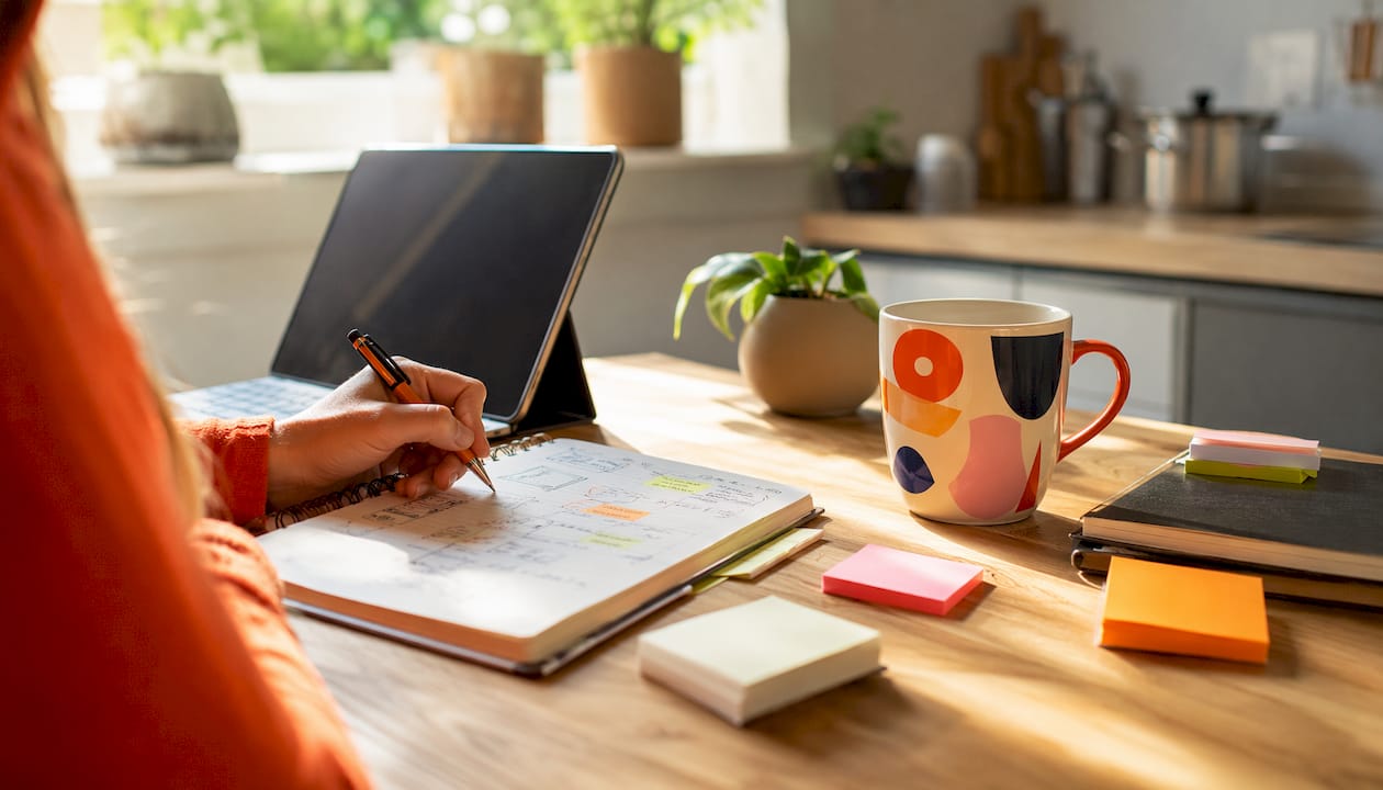Overhead view of office desk with AI productivity tools