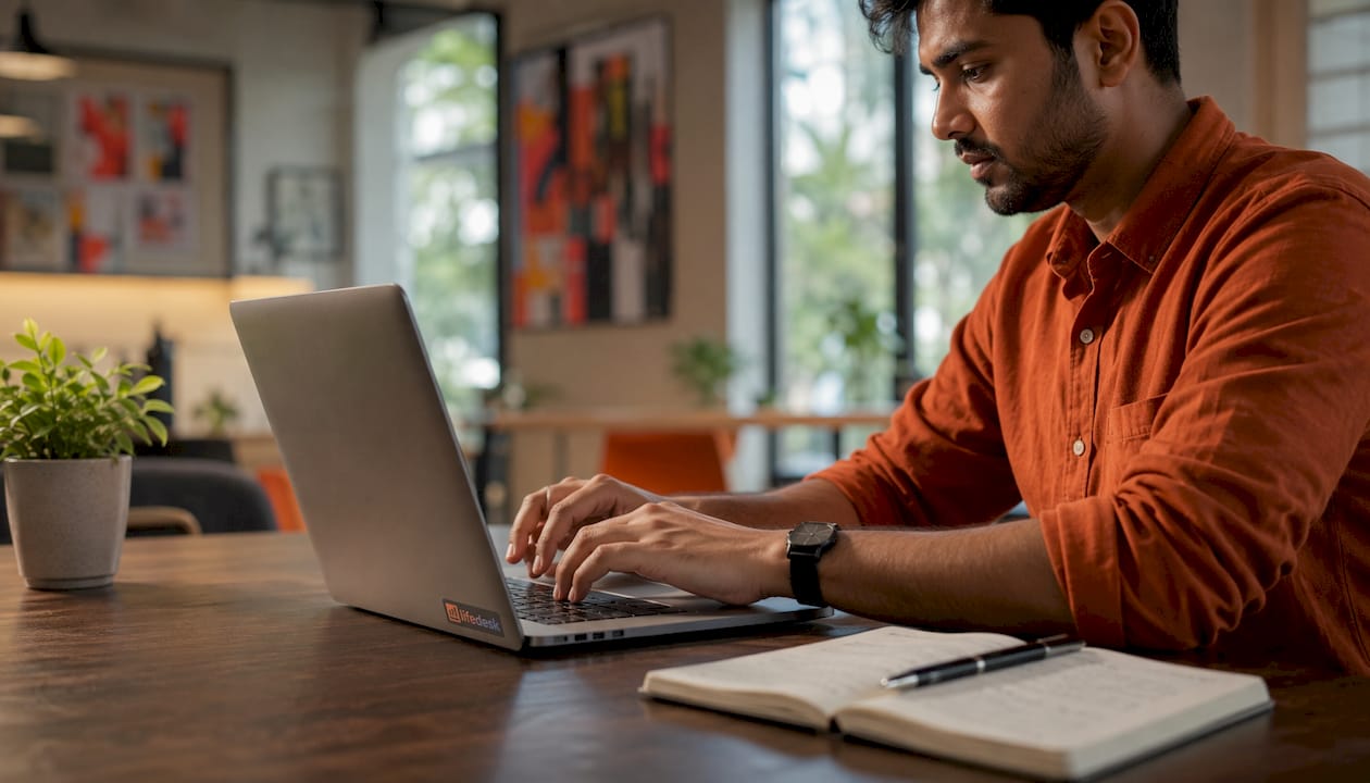 Hände tippen an einem Laptop an einem Café-Tisch