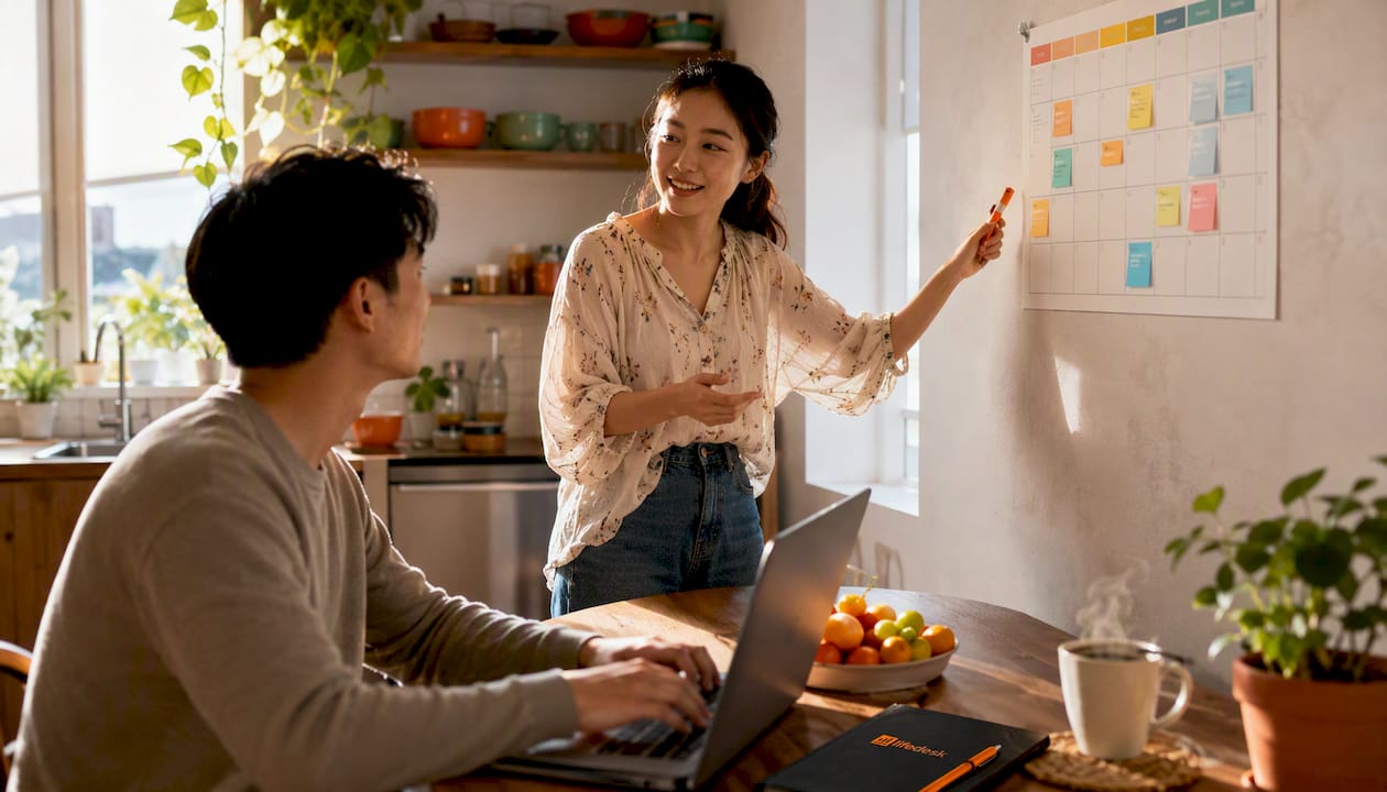 Freelancers sharing workspace calendar in apartment
