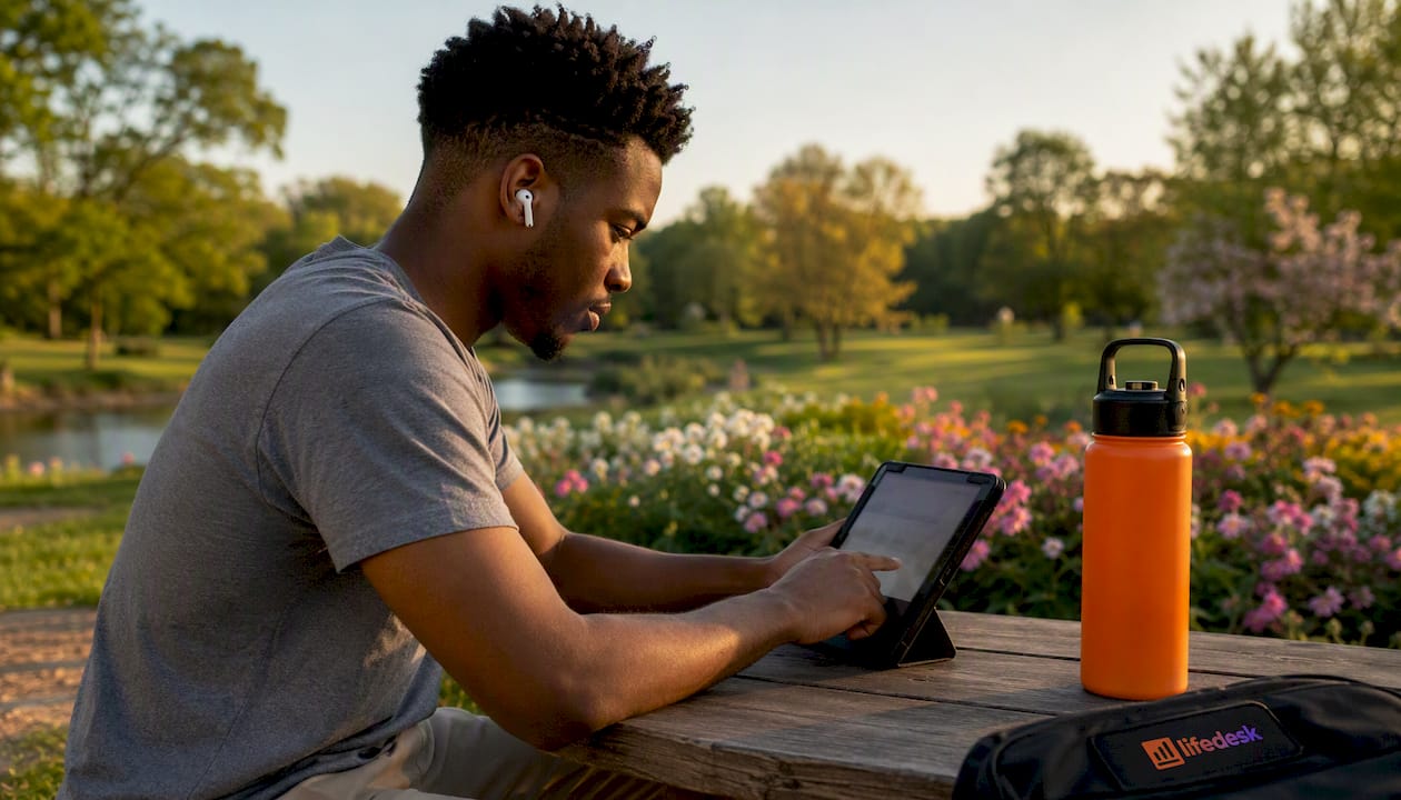 Man checking project list on tablet at café
