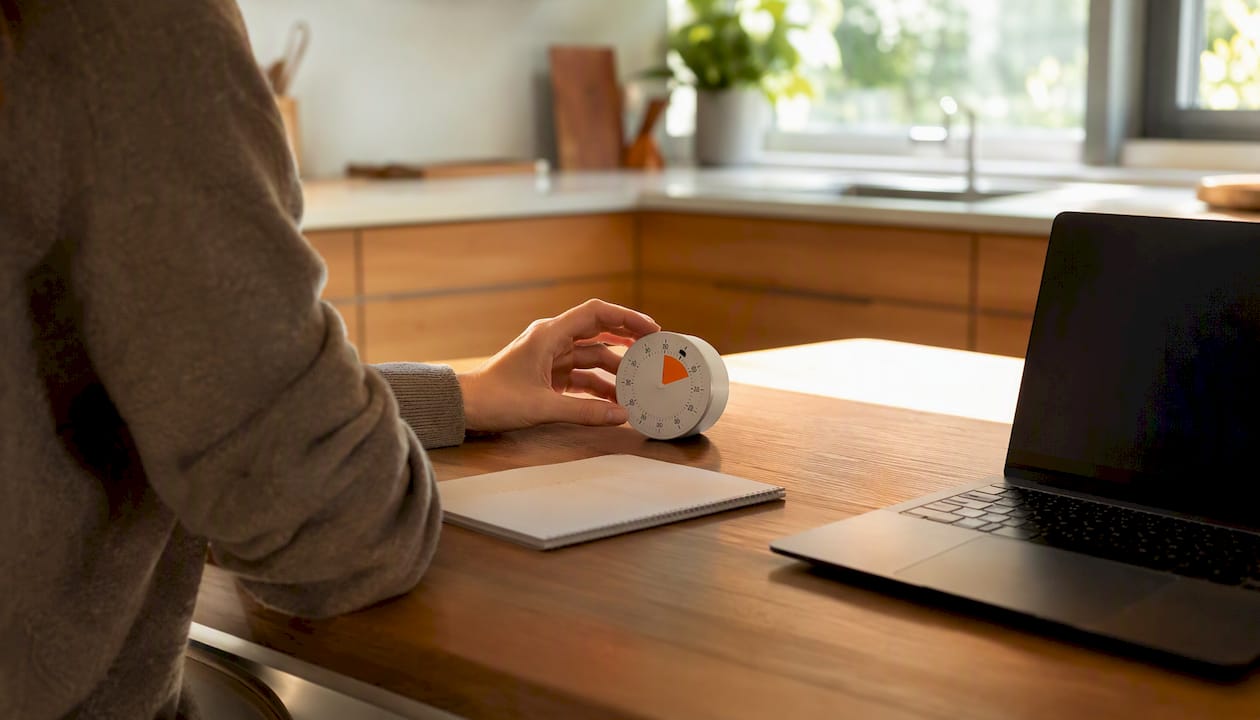 Hands setting a desk timer for focused work