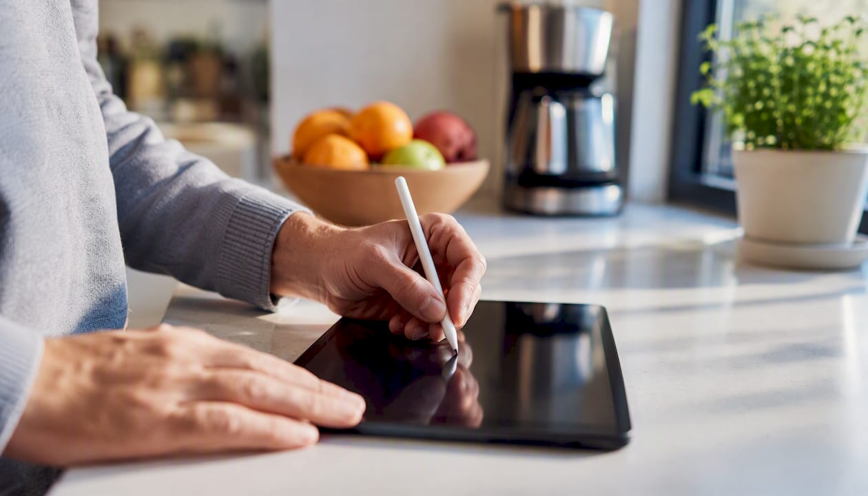 Hands updating financial data on tablet