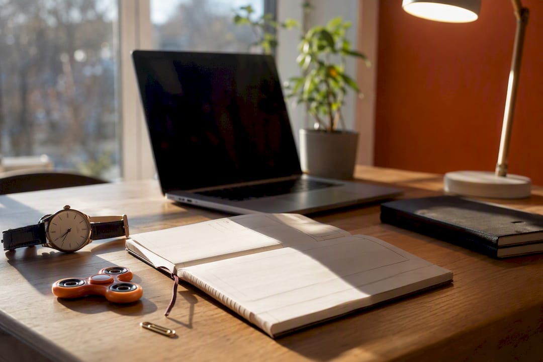Bureau avec aides tactiles à la concentration et notes de priorité