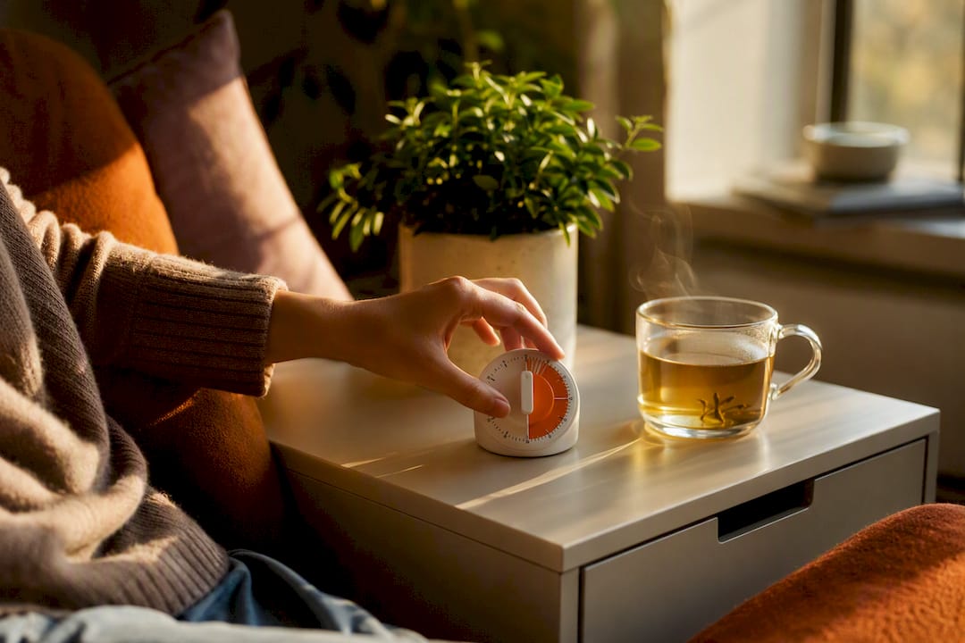 Main réglant une minuterie près d'une tasse de café sur une table