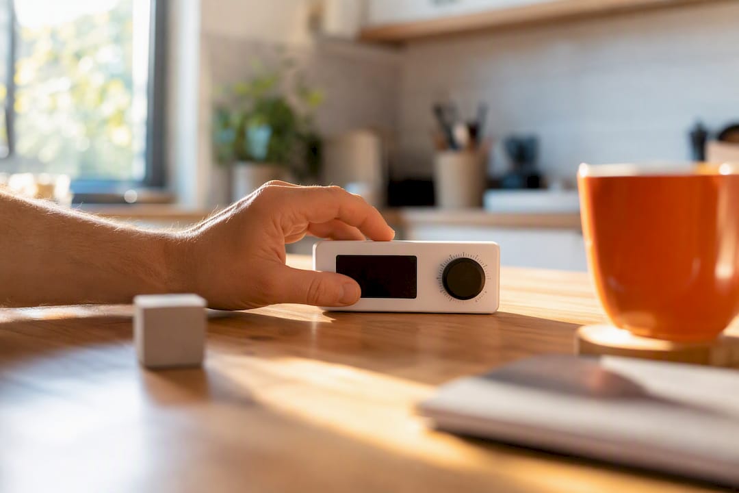 Hand adjusting kitchen timer on wood desk