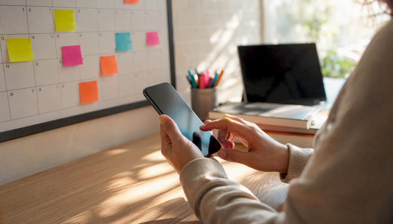 Hands linking calendar and finance tools