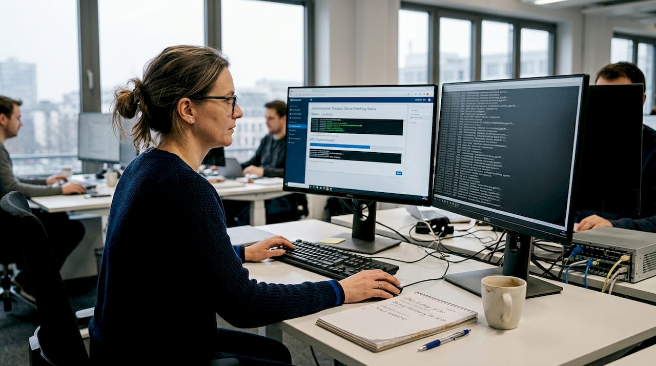 Eine IT-Administratorin überprüft am Arbeitsplatz den Ablauf eines Automatisierungsprozesses.