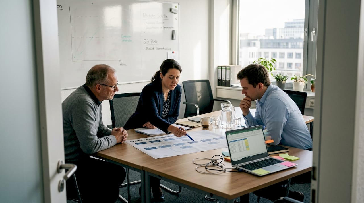 Das Team bespricht gemeinsam ein Schaubild zur Automatisierung von Arbeitsabläufen.