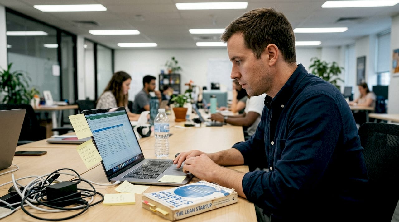 Founder researching investors at shared desk