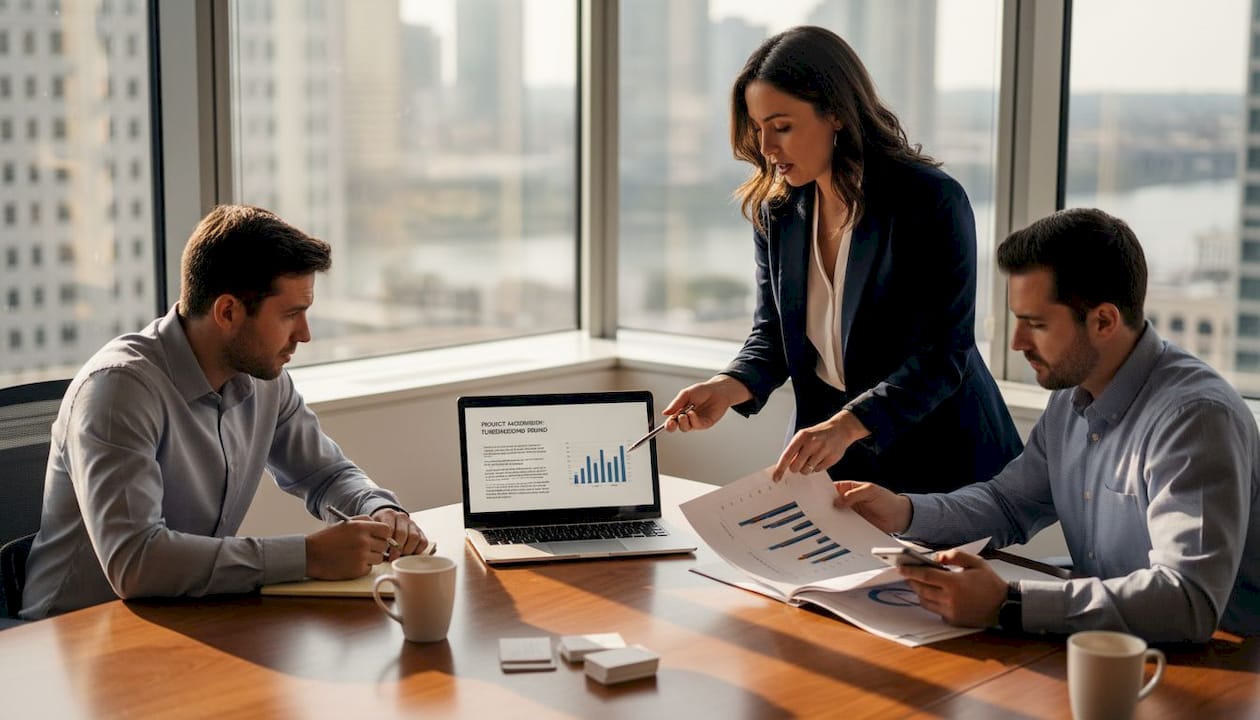 Entrepreneurs preparing funding pitch in office