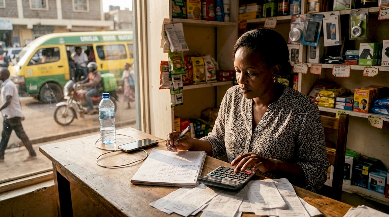 Small businesswoman balancing receipts in shop