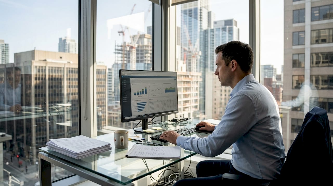Finance director working in busy city office