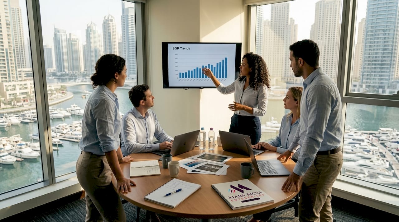 Team meeting discussing growth strategy trends