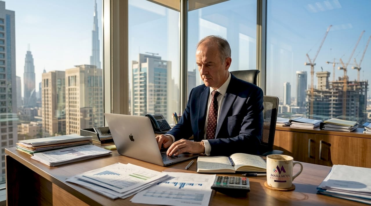 Manager working in Dubai office with spreadsheets