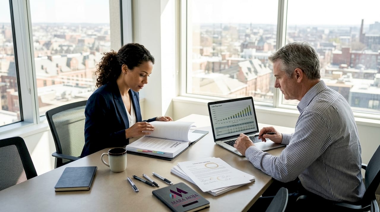 Business professionals reviewing project finance documents