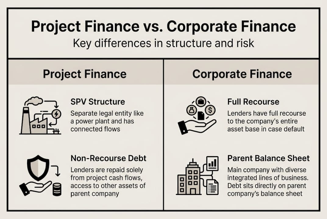Infographic comparing project finance and corporate finance