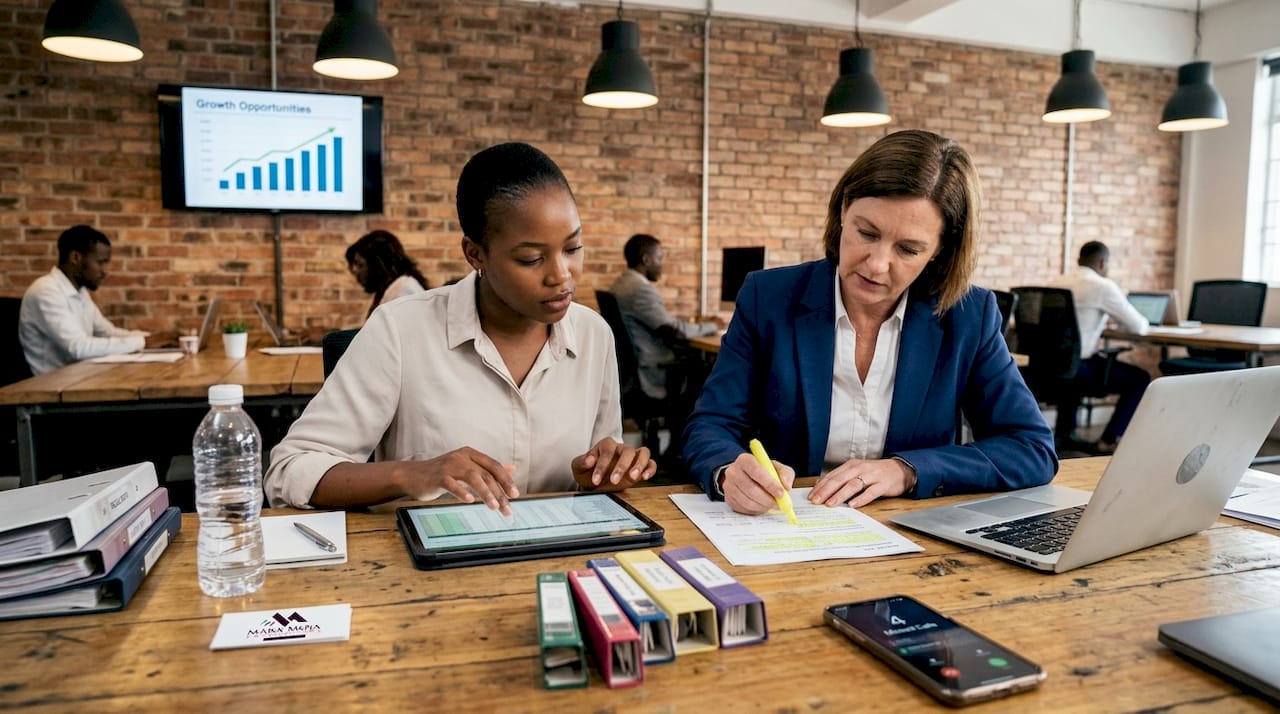 Advisor highlighting strategy documents with client