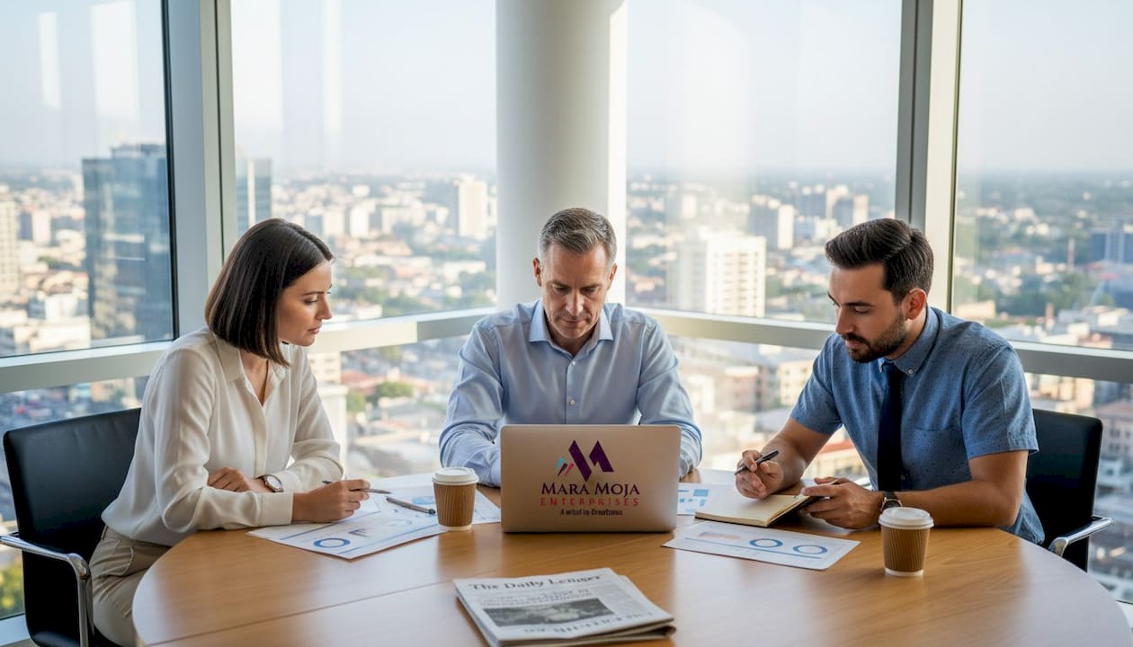 Advisor and business owners reviewing strategy in office