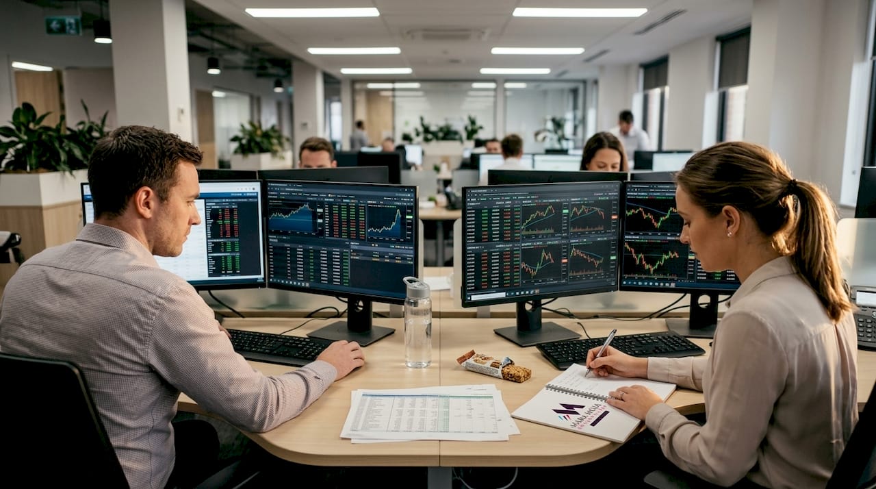 Financial analysts forecasting currency risk in office