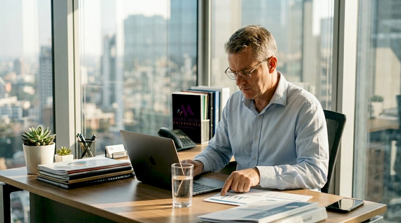 Business owner reviewing financial documents in office
