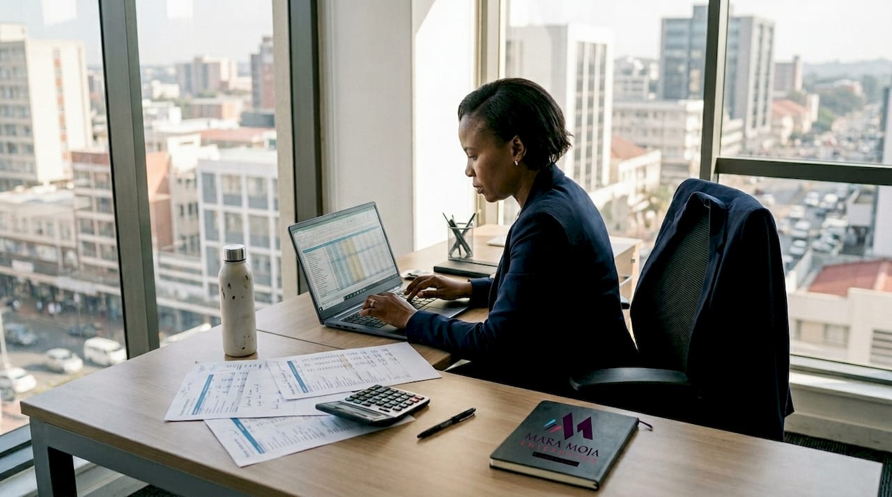 Finance manager reviewing spreadsheet in corner office